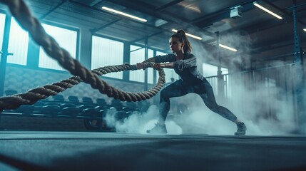 gym scene captures a strong woman executing battle rope exercises with the support of an expert male coach - obrazy, fototapety, plakaty