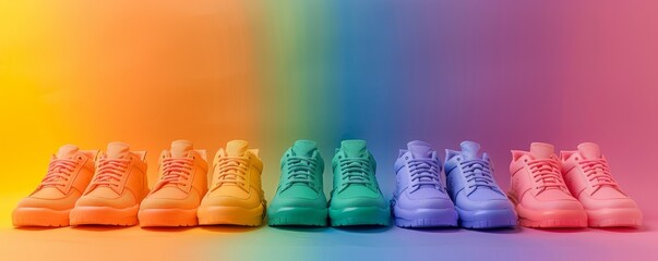 six pairs of colorful shoes lined up against a rainbow background, in the style of the new fauves