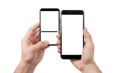 Young man hand holding black smartphone with blank screen isolated on white background - obrazy, fototapety, plakaty