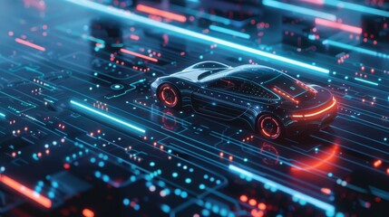 Sleek electric car gliding through a neon lit cityscape at dusk reflecting advanced technology and speed futuristic design elements - obrazy, fototapety, plakaty