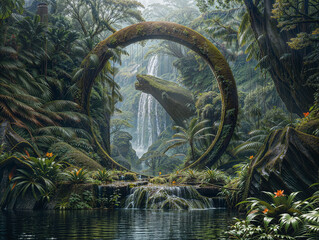 Ancient Mystical Portal Circle in Tropical Forest HD Print 9856x7424 pixels ar4:3. Neo Modern Art V4 2