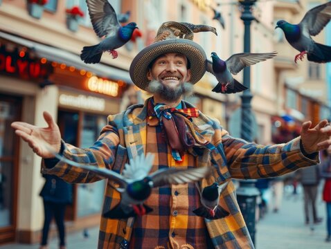 Street performer in a playful hat pigeons dancing delighted crowd lively city background