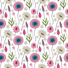 Spring wildflowers floral vector seamless pattern in vintage style on white background.