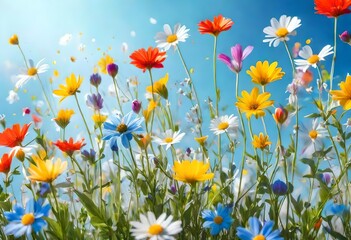 Fototapeta na wymiar Spring abstract background of fresh colorful meadow flowers in the air. On clear blue sky, plant nature concept. Flower explosion-