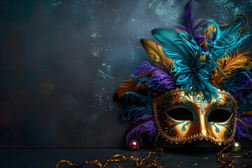 Carnival mask on a dark background, suitable for design with copy space, Mardi Gras celebration.