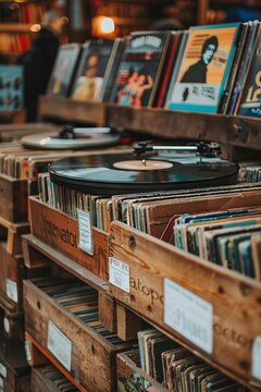 Vintage vinyl record shop classic albums retro posters and a turntable nostalgic and hip