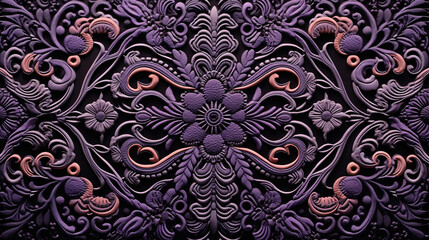 Intricate Black and Purple Floral Carving or embroidery on Dark Background