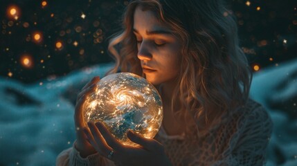 Naklejka premium the art of astrology captured with a woman and a planet surrounded by the mystic beauty of the cosmos