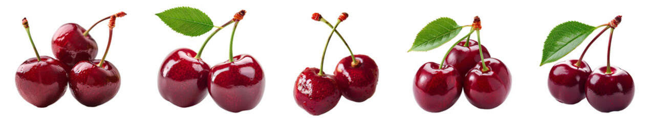 Cherry set PNG. Set of cherries PNG. Red cherry with stem PNG. Red cherries PNG. Wild red cherry isolated. Cherry with a steam and a leaf PNG - Powered by Adobe