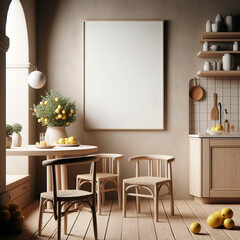 Frame mockup, mockup poster on the wall of a mediterranean kitchen. Interior mockup. Modern interior design. Rustic style 3D rendering.