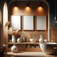 Frame mockup, mockup three poster on the wall of a mediterranean bathroom. Interior mockup. Modern interior design. Rustic style 3D rendering.
