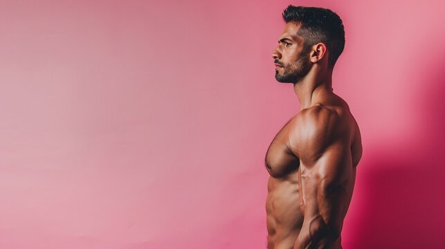 bodybuilder's aesthetic torso captured from the side in front of a soft pink background