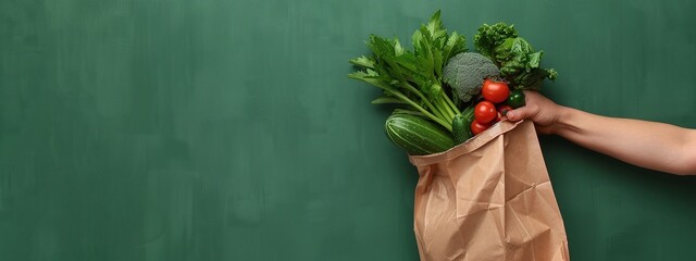 farm to table freshness a hand holding a shopping bag of vegetables over a green background with space - obrazy, fototapety, plakaty