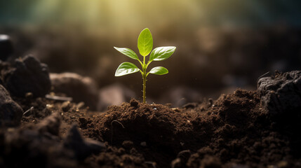 Young Plant Sprouting from Soil with Sunlight Beaming Down, Symbolizing New Life and Growth