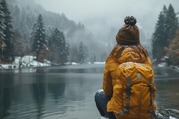 A woman in a yellow jacket sits pensively by a calm lake, with snow-covered mountains and winter forest in the background