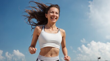 Woman jog with joy, hair dancing in the breeze 