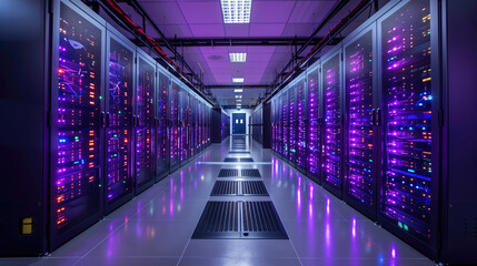 Fantastic view of the mainframe in the rows of the data center. Data processing center. The concept of modern technologies, network devices.