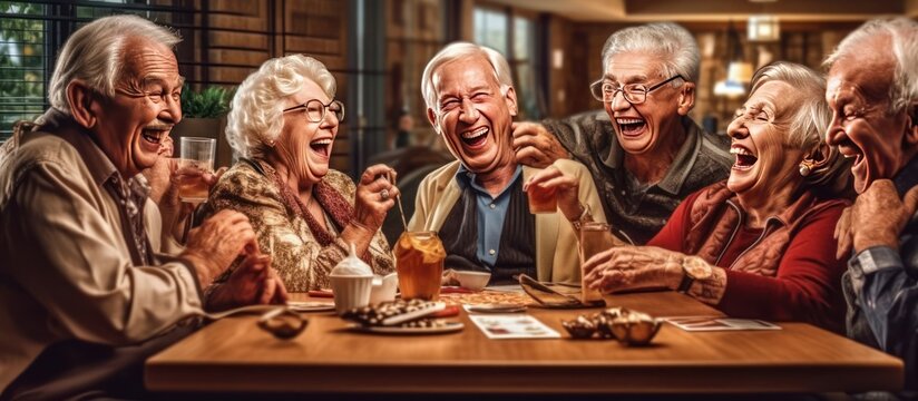 Elderly people laugh happily playing cards together in a nursing home