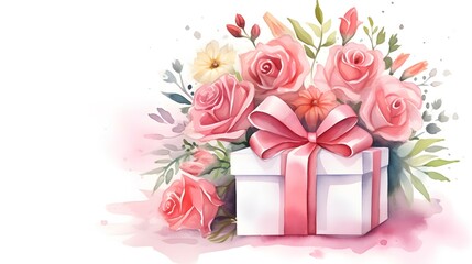Happy mother's day. Postcard with a gift box and roses in watercolor technique on a white background. Valentines day theme concept