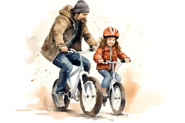 Happy father's day in watercolor style. Father and daughter on a bicycle ride. Father's day card - obrazy, fototapety, plakaty
