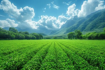 A vibrant green farm valley sits under a dramatic cloudy sky, representing sustainability and growth