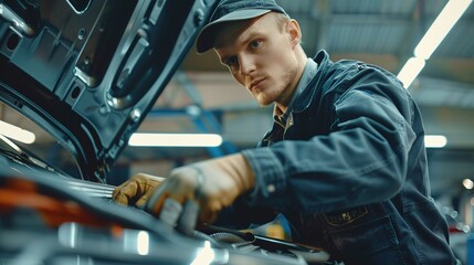 car service station scene with mechanic in uniform examining under hood details in a spotless workshop environment