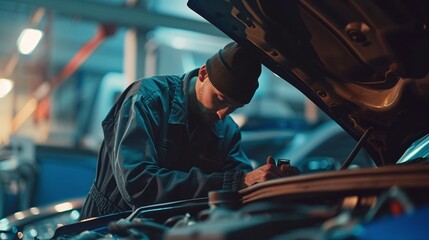 professional automotive technician in overall uniform conducting engine diagnostics in well-equipped workshop - obrazy, fototapety, plakaty
