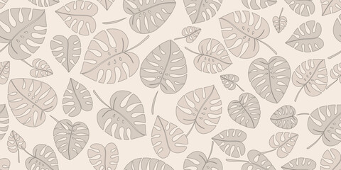 Vector illustration, Seamless pattern of beige leaves of monsters of different shades on a beige background. Background for the site,  packaging, product design, wallpaper, fabric, textile
