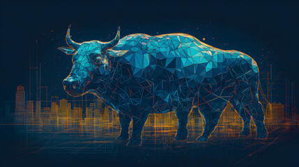 an bull is on a blue background with a city in backdrop