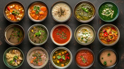 Various soups in bowls showcasing different cuisines and ingredients