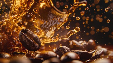 a macro shot of coffee beans in an energetic splash of liquid showcasing the beverage's robust texture and dark background