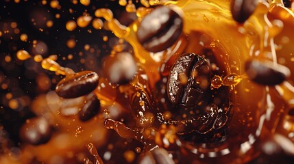 a close-up of aromatic coffee beans surrounded by a splash of rich espresso on a dark moody...