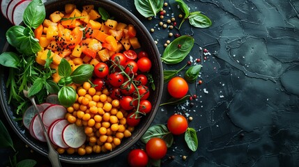 A bowl of vegetables and chickpeas, a delicious plantbased dish on the table