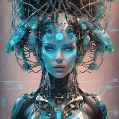 visual concept of Artificial intelligence as beautiful girl, Ai digital brains against grey background. machine learning and technology background.Ai generated.