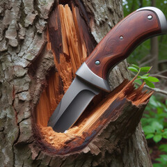 A knife stuck into the trunk of a tree, close-up.