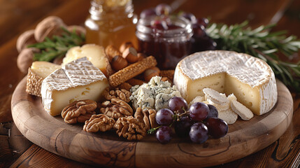 Cheese plate with different types of chees, grape, nuts and bread, steel life on a wooden board