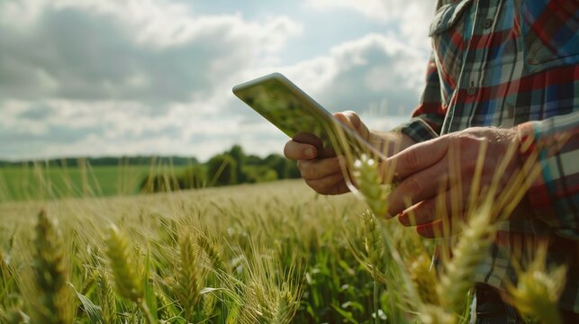 precision farming concept with midsection view of a farmer employing a tablet to manage data on crop field for better decision making