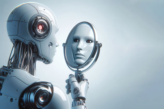 A humanoid robot looks in the mirror and sees its reflection.