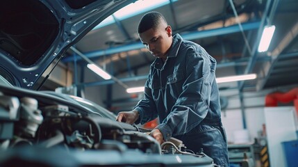 a car mechanic in crisp uniform utilizes advanced tools to service a car engine in a spotless modern workshop