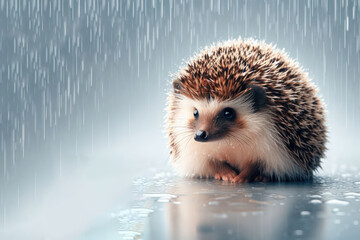 Beautiful hedgehog sitting in the rain. Space for text.