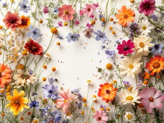 Beautiful wild cosmos flowers laying on the bright background with empty space in the center. 