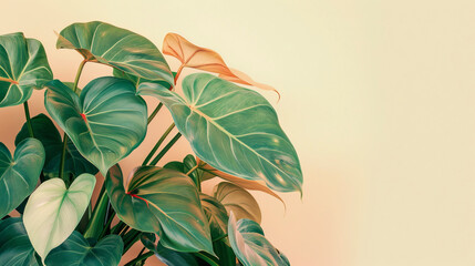 Fototapeta na wymiar Stylized tropical leaves in vibrant greens and yellows on a soft pastel background for an artistic display.