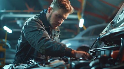 uniformed automotive specialist ensures quality service as he examines a car engine in a modern clean workshop - obrazy, fototapety, plakaty