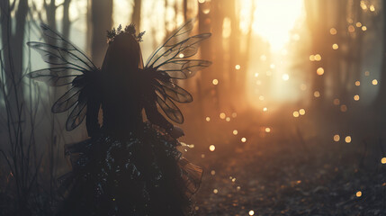 Evil dark fairy in misty forest, sunrise light - obrazy, fototapety, plakaty