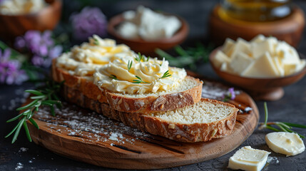 Freshly baked bread with a crispy crust and butter. Concept of healthy breakfast