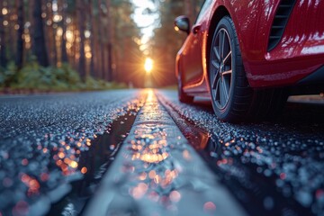 A close-up of a red sports car on a wet asphalt road, capturing the golden hour sunlight reflecting...