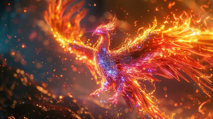 Magical fairy-tale rainbow shining phoenix bird in flight
