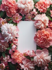 Beautiful fresh peony flowers with green leaves laying on the table with empty space in the center. Flowers mockup