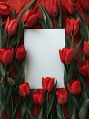 Beautiful fresh tulip flowers laying on the table with empty space in the center. Flower mockup 