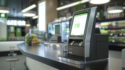 Modern Self-Checkout Station with POS Machine in Contemporary Supermarket - obrazy, fototapety, plakaty
